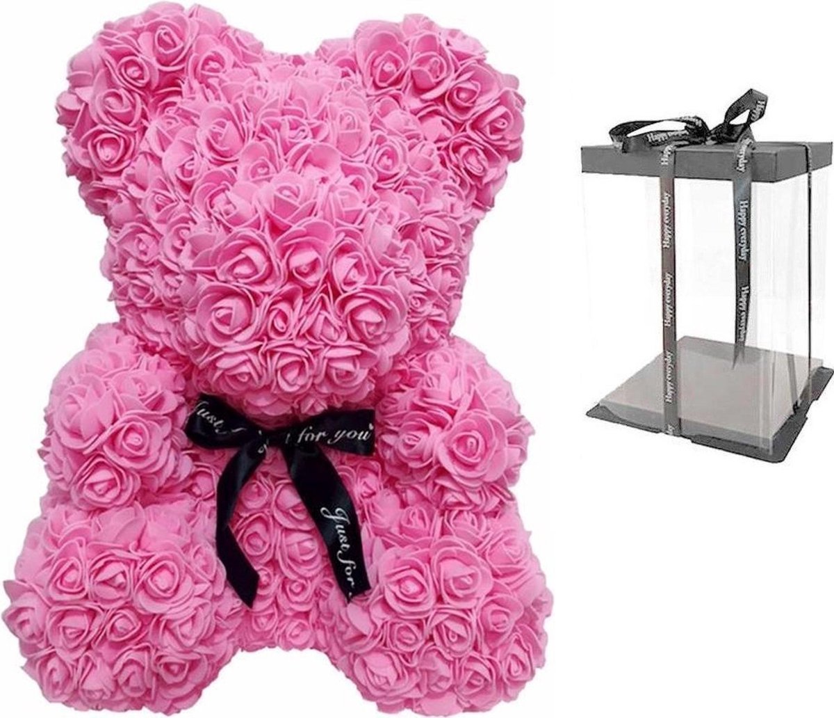 GreatGift® - Roze Rozen Beer 25 cm + 75 rozenblaadjes - in Luxe verpakking -Rose Bear - Teddy Beer - Roze - Romantisch Cadeau - Valentijn - Cadeau voor haar