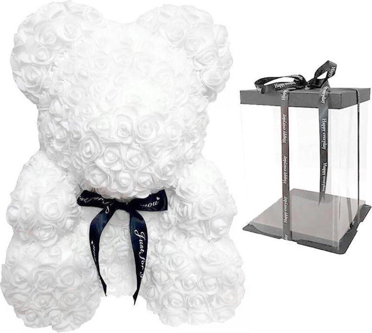 GreatGift® - Witte Rozen Beer 25 cm - in Luxe verpakking -Rose Bear - Teddy Beer - Wit- Romantisch Cadeau - Valentijn - Cadeau voor haar