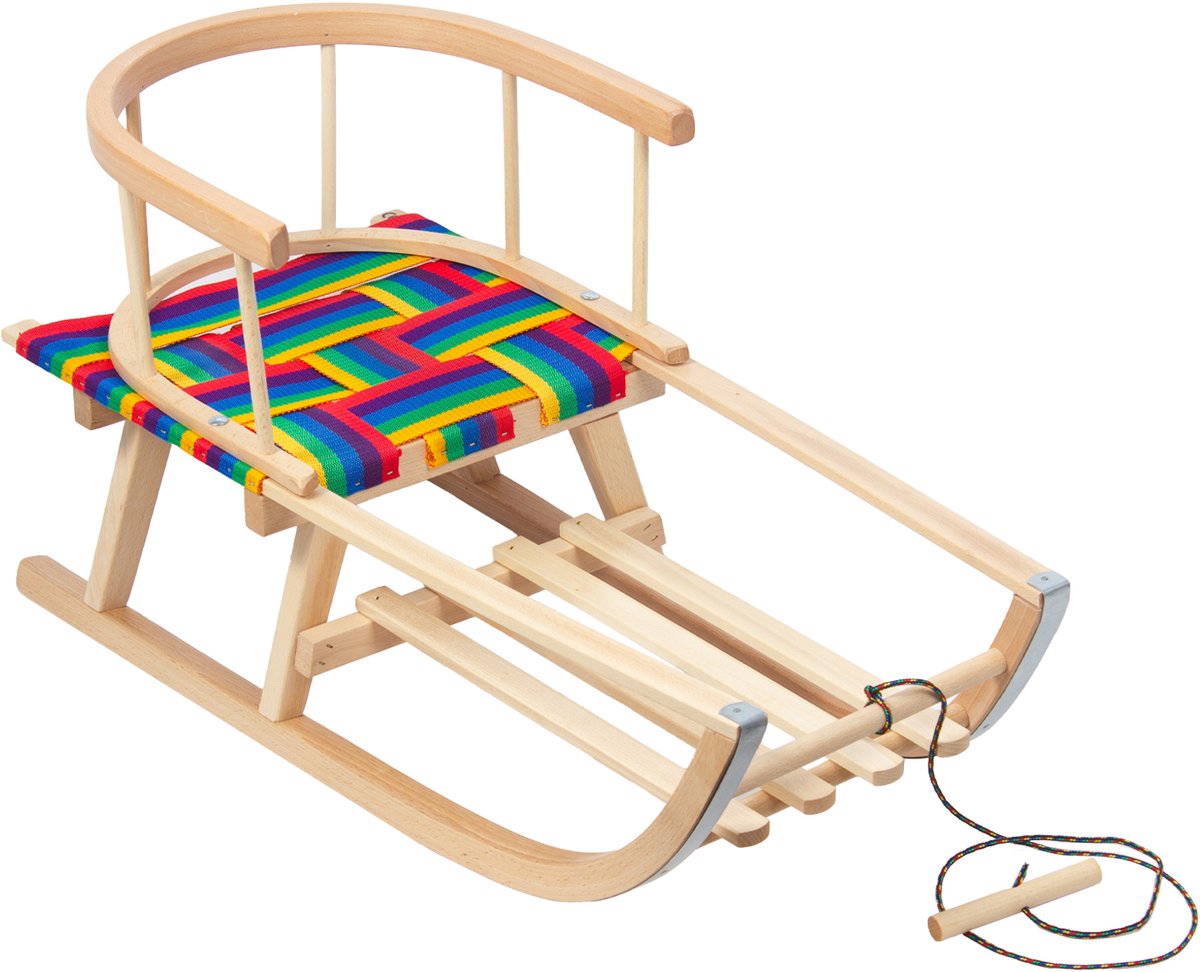   GB154 - Houten slee - rugleuning - stoffen zitting - koord 110 cm - tot 100 kg