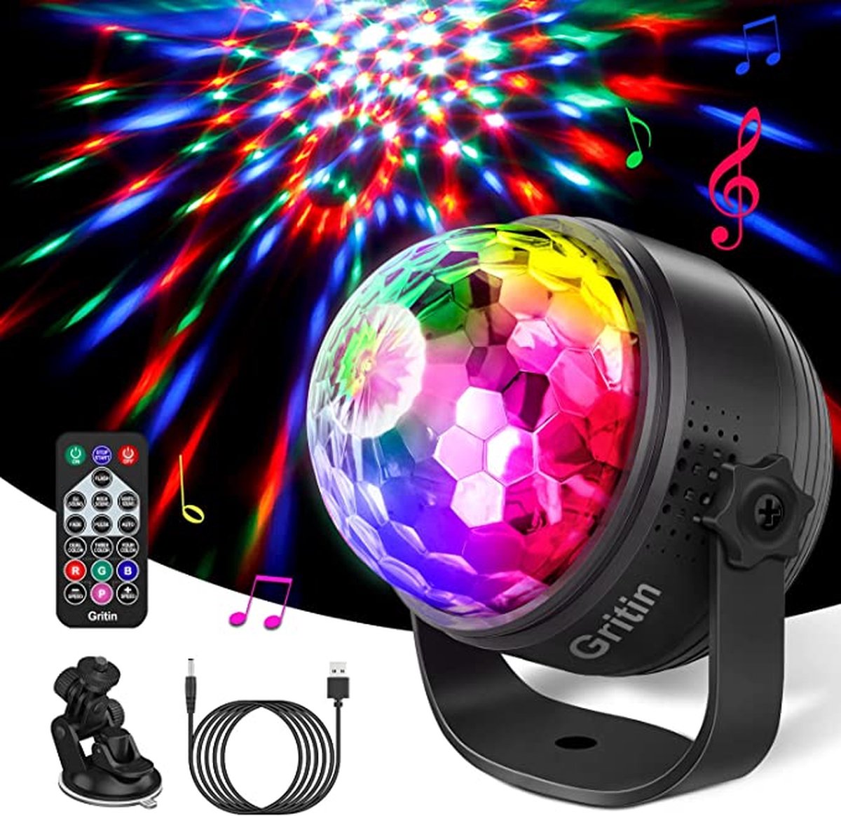 Discolichten, Gritin 360° Rotatie Geluidsgeactiveerde Discobal Feestverlichting met Afstandsbediening - 3W RGB Dynamisch Lichteffect, 4M/13ft USB-kabel voor Kinderen Verjaardag, Vriendenbijeenkomst, Kerst