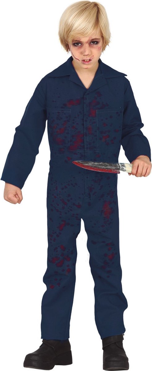 Blauw horror moordenaar verkleed kostuum / jumpsuit met bloedvlekken voor kinderen - Carnaval overal 140/152