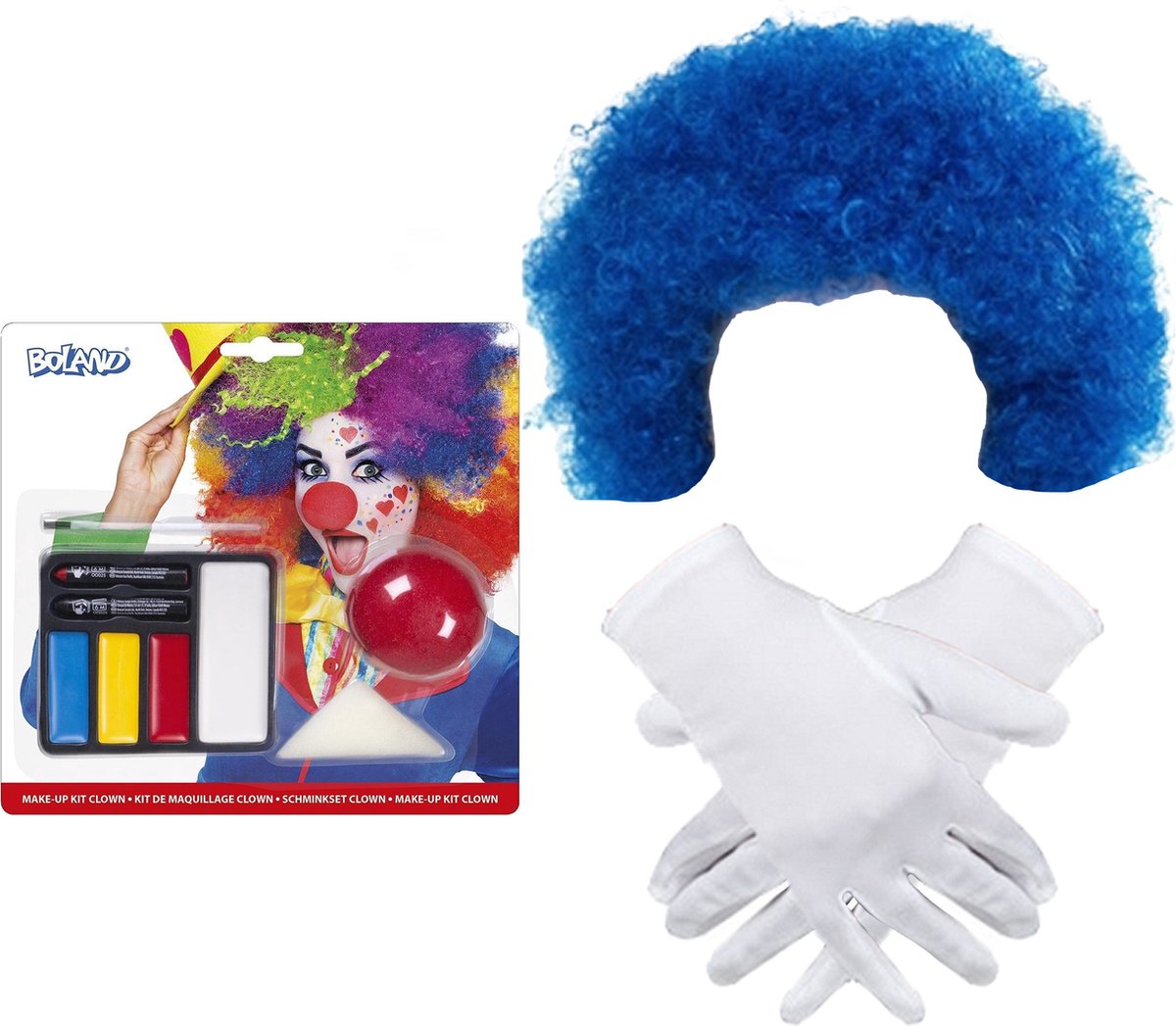 Clown verkleed set volwassenen - pruik blauw/schmink/neus/handschoenen