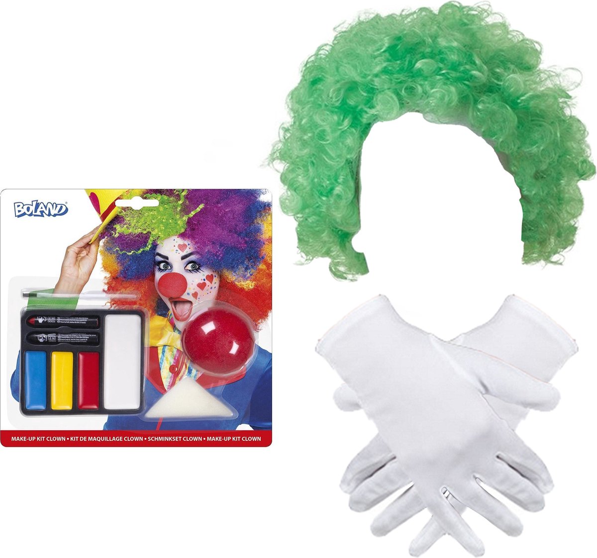 Clown verkleed set volwassenen - pruik groen/schmink/neus/handschoenen