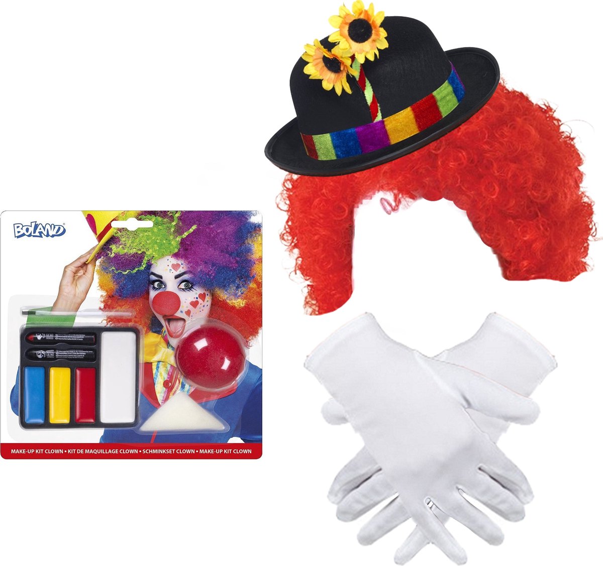 Clown verkleed set volwassenen - pruik/hoed/schmink/neus/handschoenen