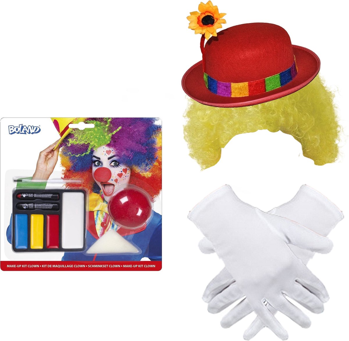 Clown verkleed set volwassenen - pruik/hoed/schmink/neus/handschoenen