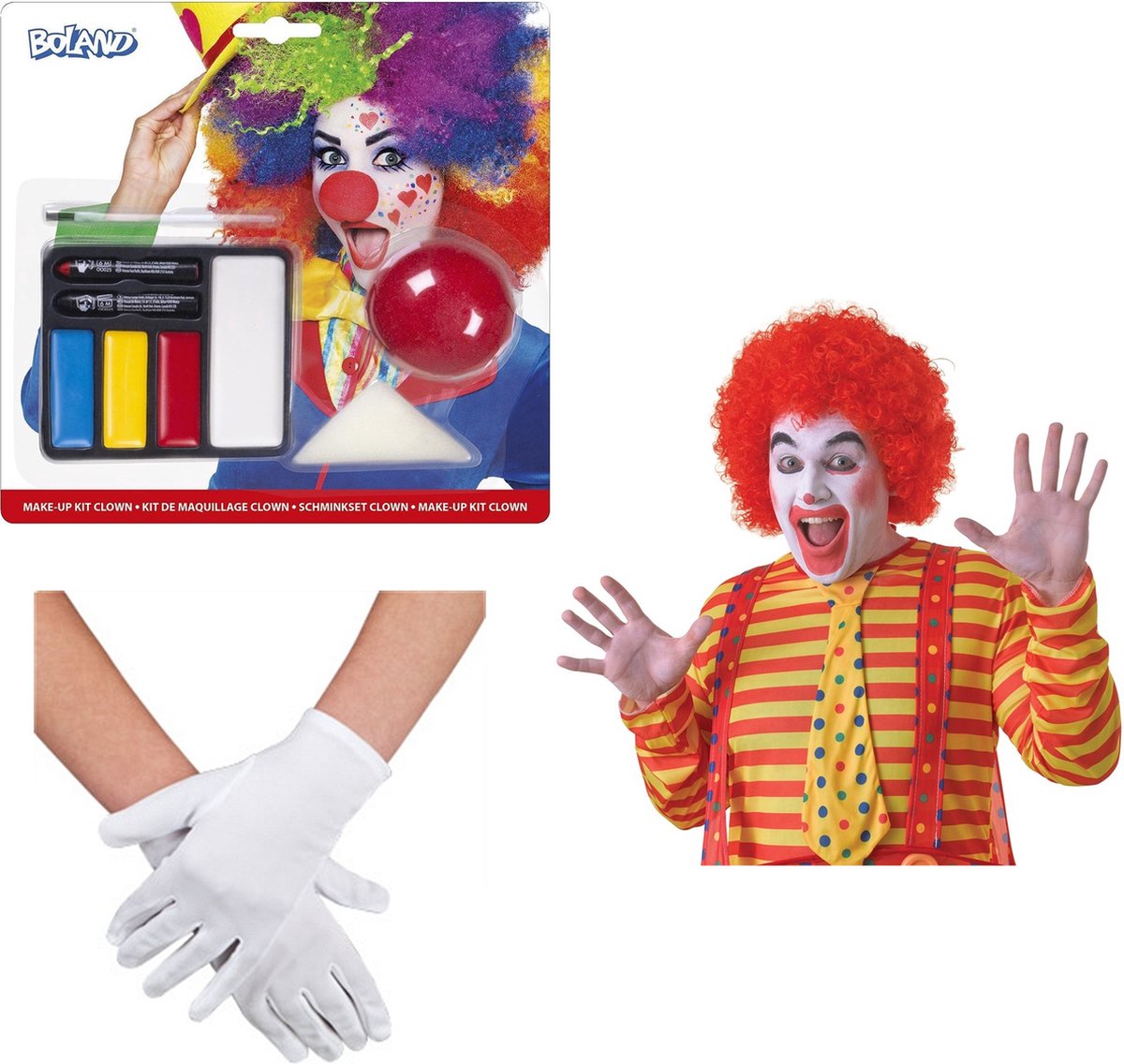 Clown verkleed set volwassenen - pruik rood/schmink/handschoenen/neus