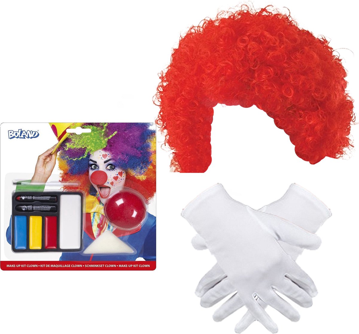 Clown verkleed set volwassenen - pruik rood/schmink/neus/handschoenen