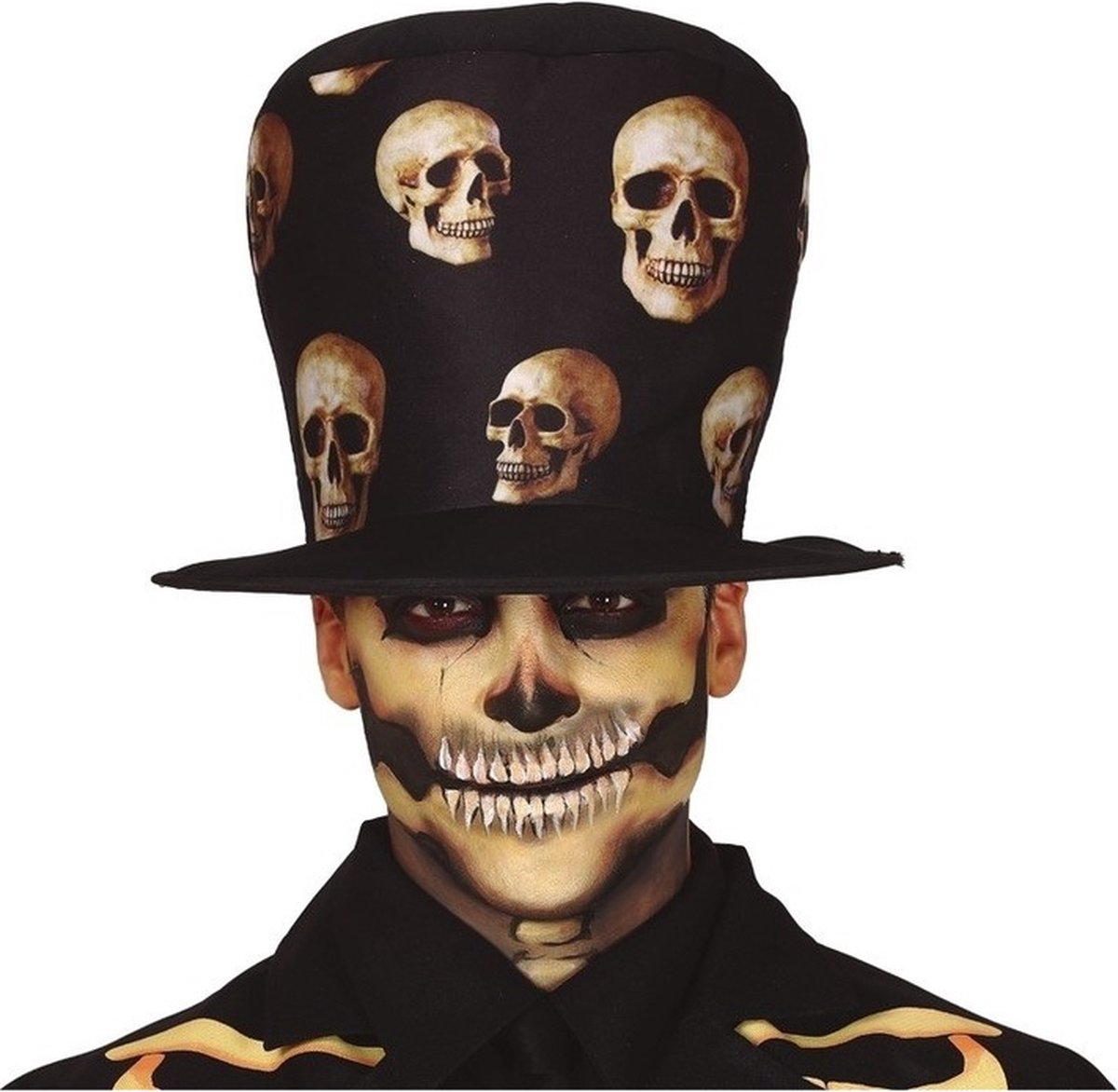 Halloween - Hoge verkleed hoed zwart met schedels - Halloween/horror hoeden en verkleedaccessoires