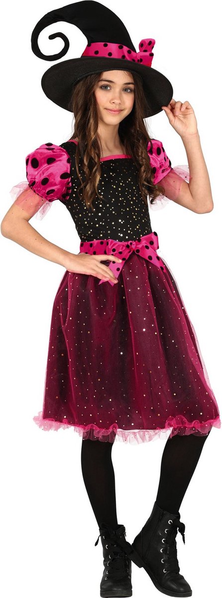 Heksen verkleed kostuum zwart/roze voor meisjes - Halloween / horror thema outfit - Carnaval heks jurk met hoed 110/116