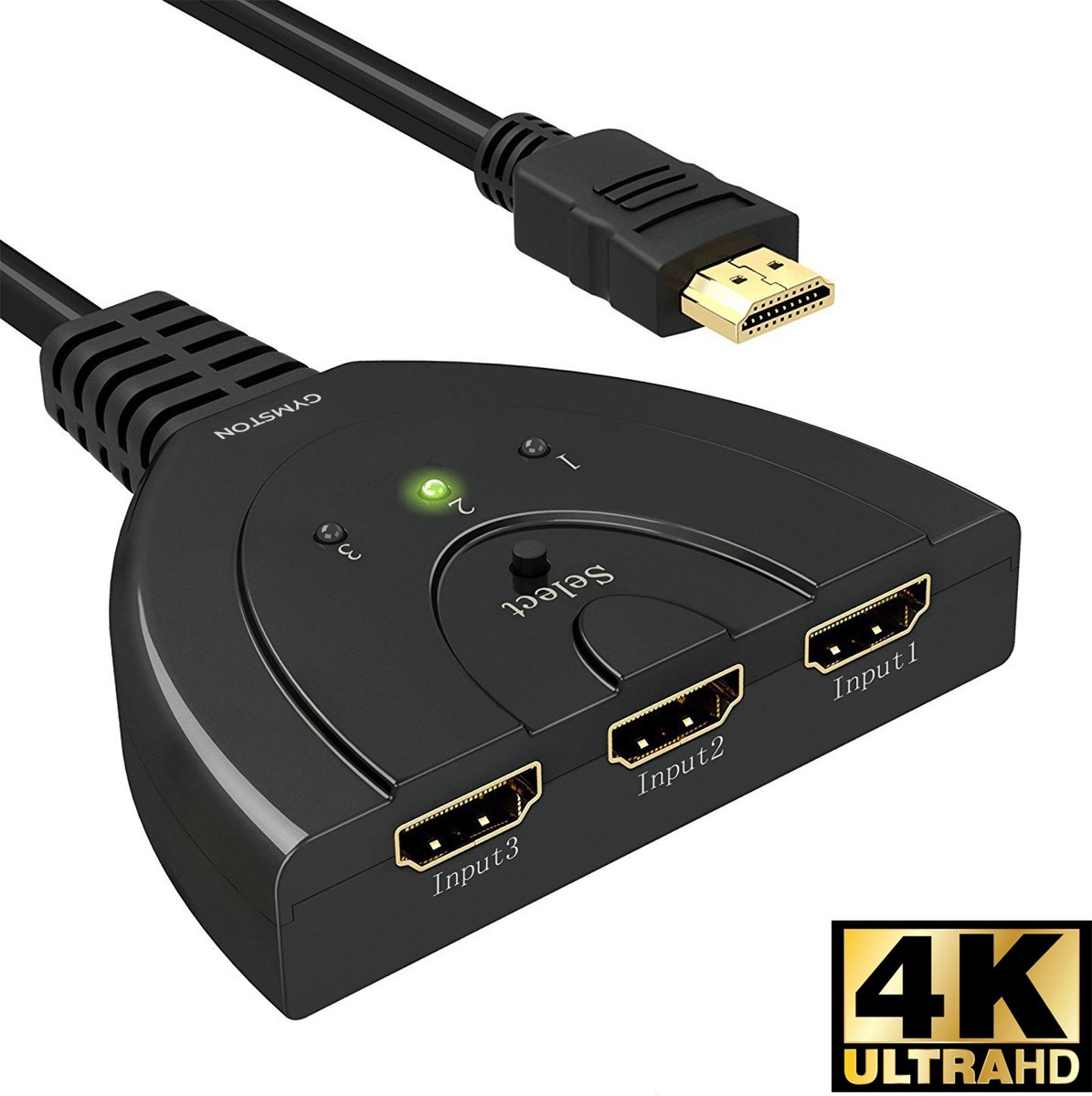 HDMI Splitter 3 in naar 1 uit - HDMI Switch - 3 ingangen - 1080p Full HD - Indicatie LED + Pigtail - Zwart - Gymston®