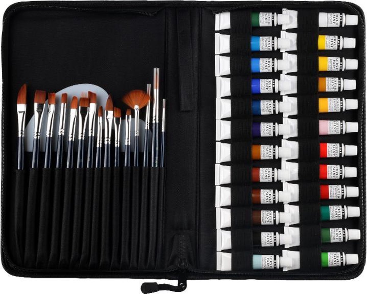 H&B® Professionele 40-Delige Acrylverf- en Penselen Set incl. Verfpalet – Acrylverfen – Penselen – Verfkwasten – Acrylverfen – Schilderen