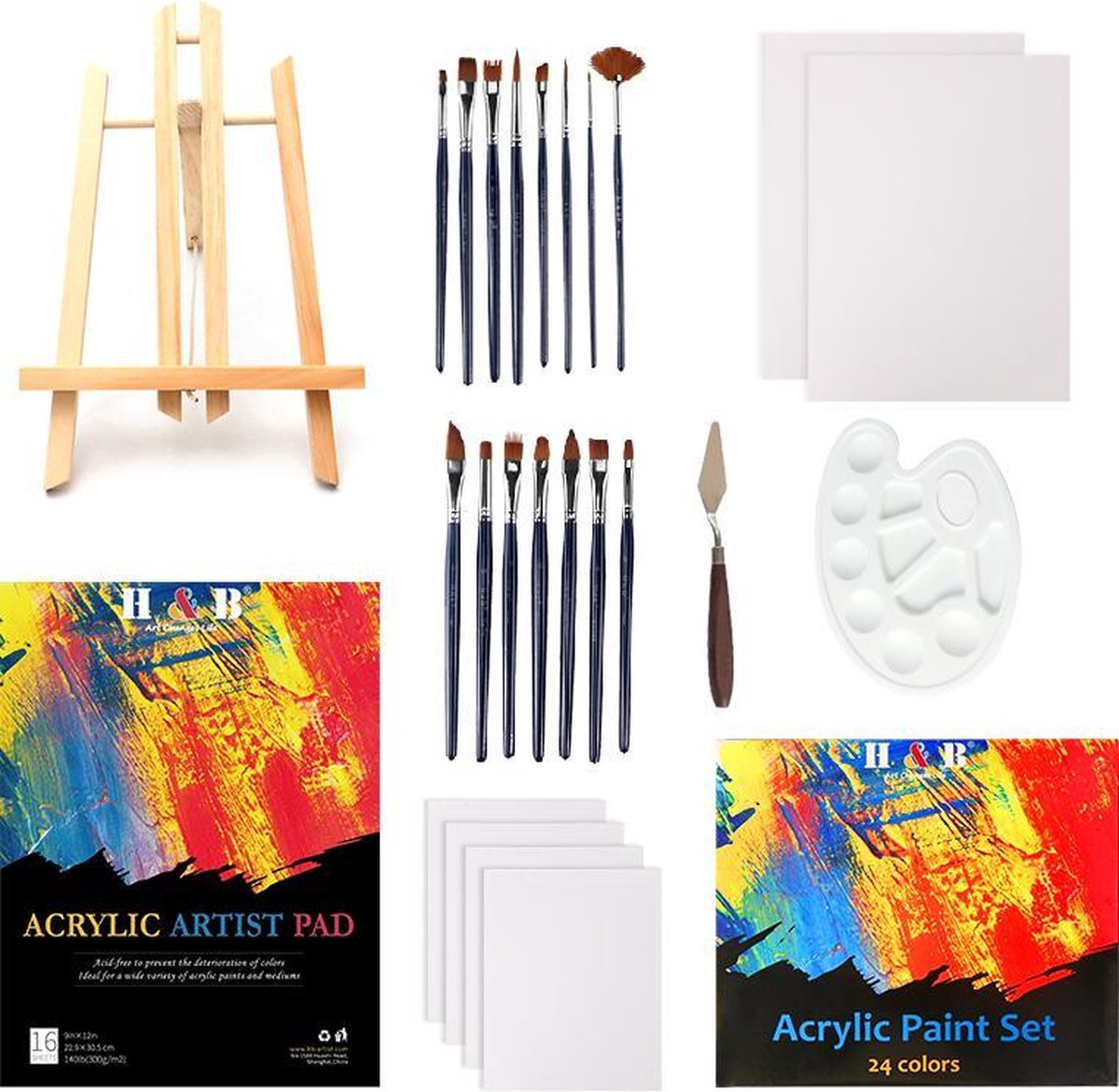 H&B® Professionele 49-Delige Verf Set incl. Acrylverf, Schildersezel, Verfpenselen, Verf Canvassen & Accessoires –  De perfecte verf set voor volwassenen & kinderen