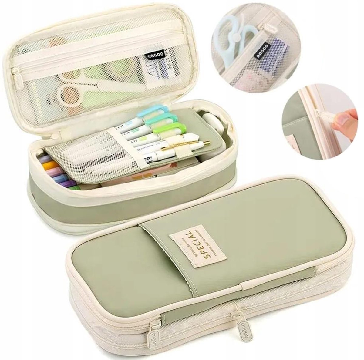   Pennenzak-Met Meerdere Vakken-Voor School & Reizen-21.5×9.5 cm-Canvas-Groen