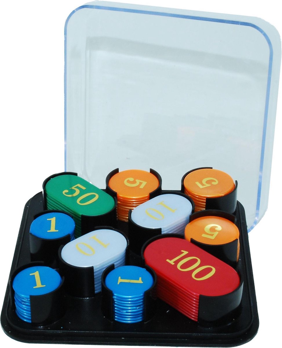 Roulettefiches 100 st. goudkleurig bedrukt cassette