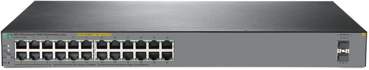 Hewlett Packard Enterprise OfficeConnect 1920S 24G 2SFP PoE+ 370W Managed L3 Gigabit Ethernet (10/100/1000) Power over Ethernet (PoE) 1U Grijs