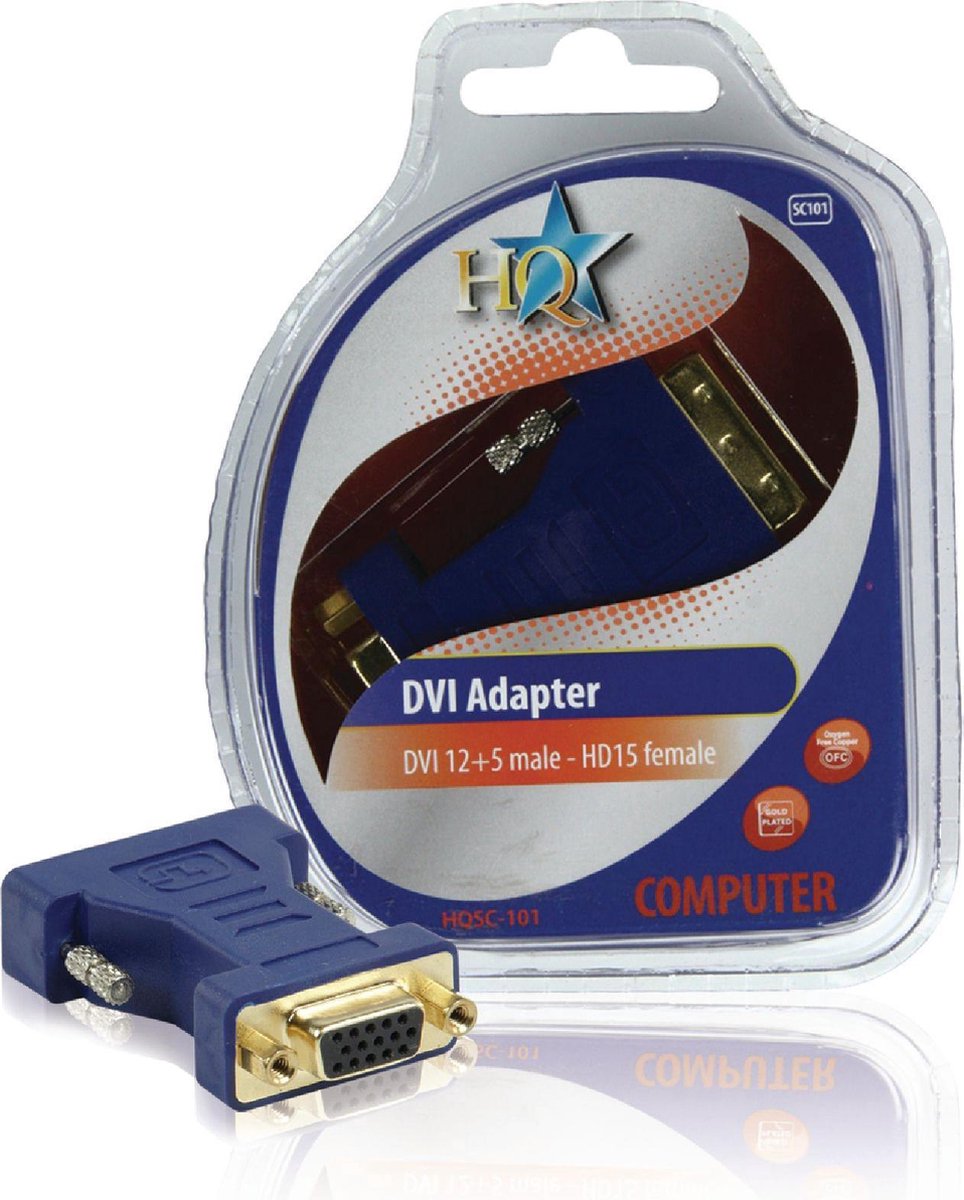 HQ, DVI Adapter DVI-I 24+5-Pins Male - VGA Female 15-Pins (Blauw)