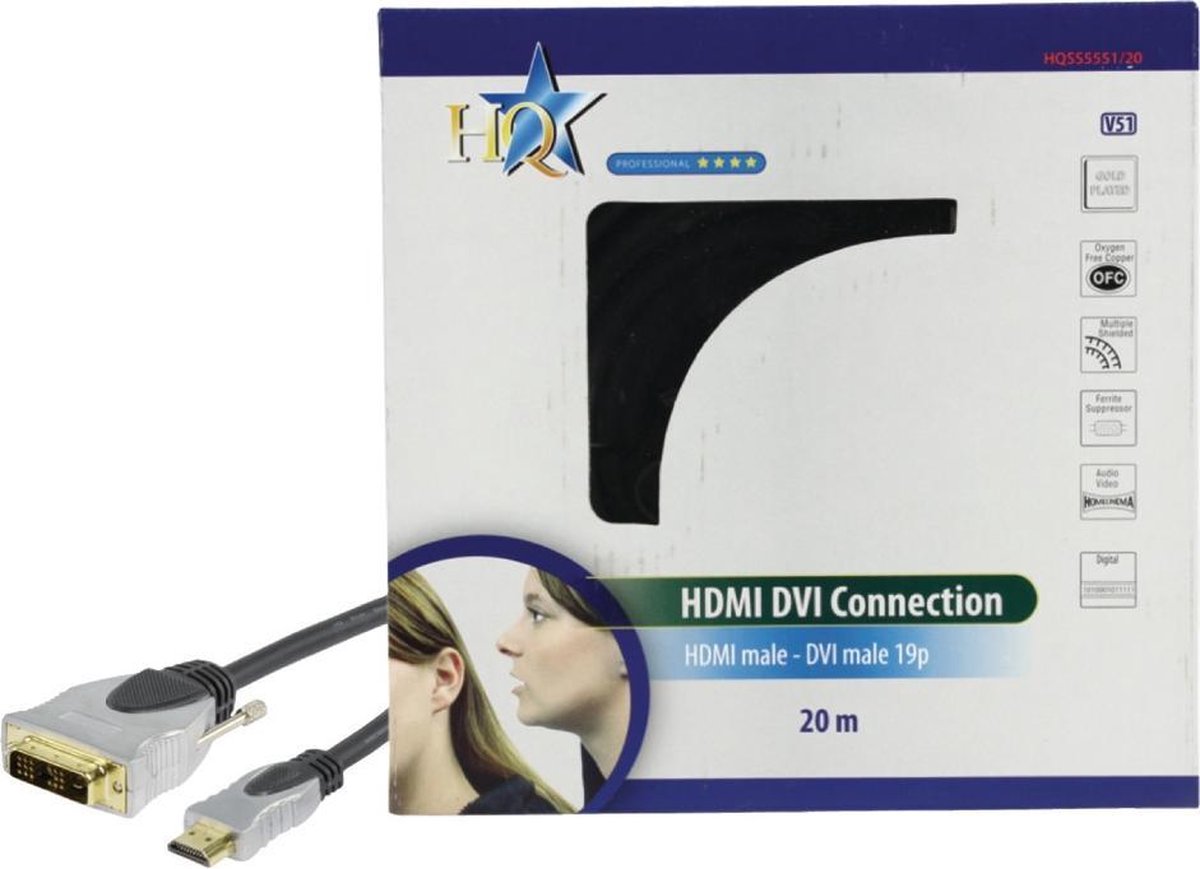 HQ HQSS5551/20 High Speed Hdmi Kabel Hdmi-connector - Dvi-d 18+1-pins Male 20.0 M Donkergrijs