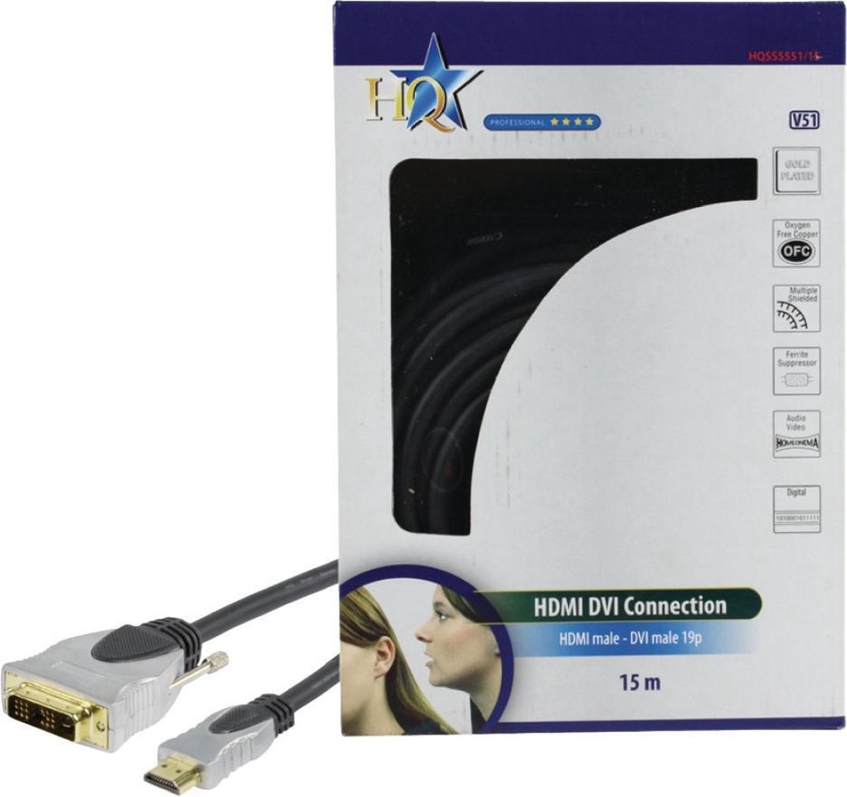 Hq Hqss5551/15 Hoge Kwaliteit Hdmi - Dvi Aansluitkabel 15,0 M