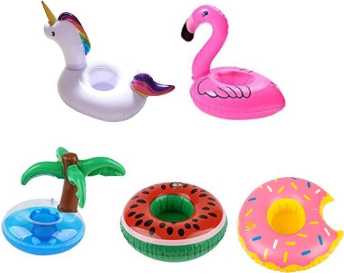 Set Van 5 - Opblaasbare  Bekerhouder Set - 5 stuks - 21x25 cm - Opblaas Drankhouder - Opblaasartikel - Eenhoorn, Palmboom, Donut, Flamingo, Watermeloen - Zwembadaccessoire - Drankhouders - Bekerhouders - Opblaasartikelen -  