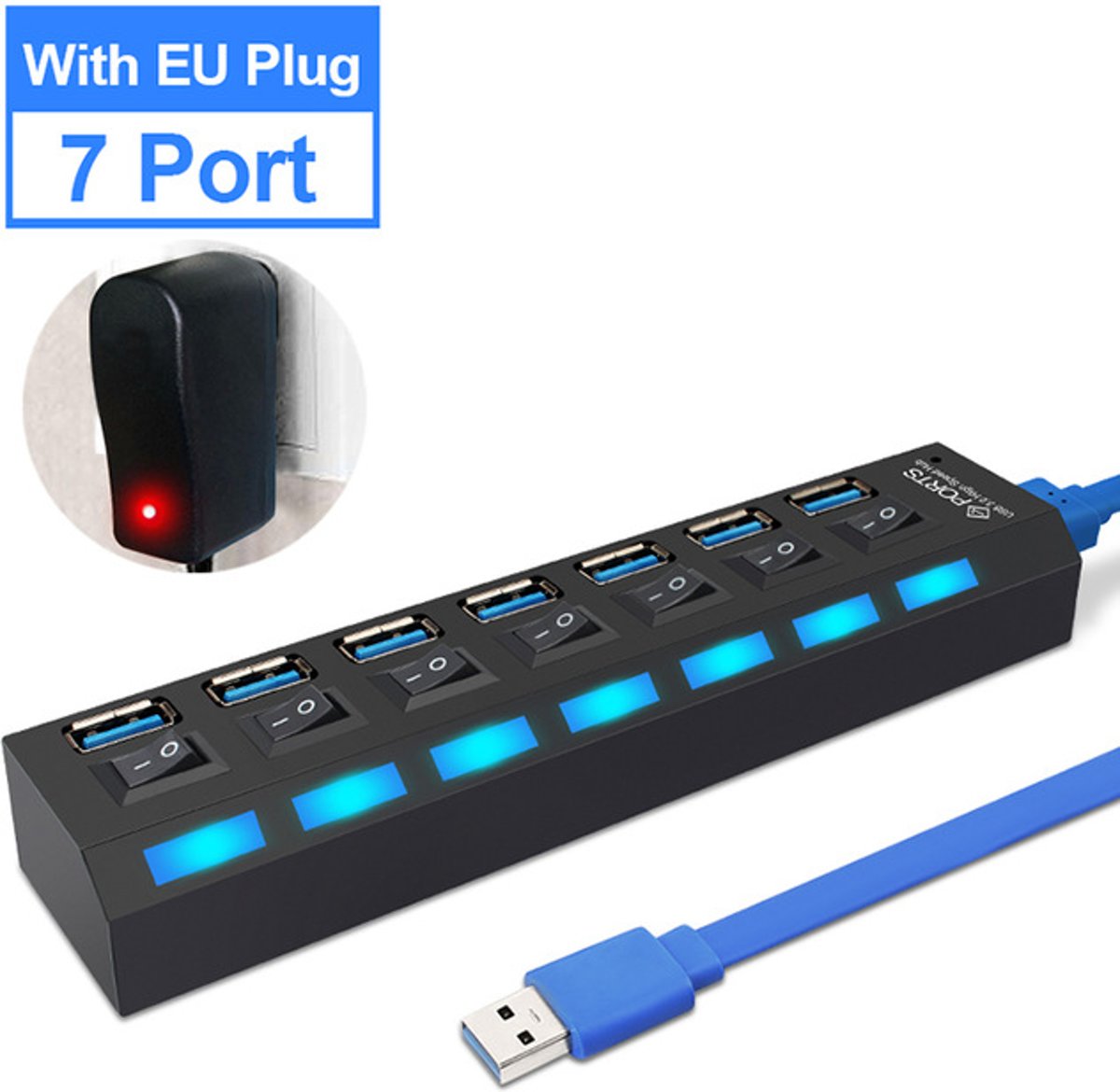 High Speed 7 Ports 3.0 USB hub Multi oplaadadapter met aan/uit knop en led verlichting + EU stekker