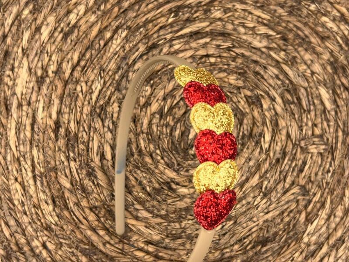 Diadeem met hartjes - kerstcollectie - glitters - hart - goud - rood