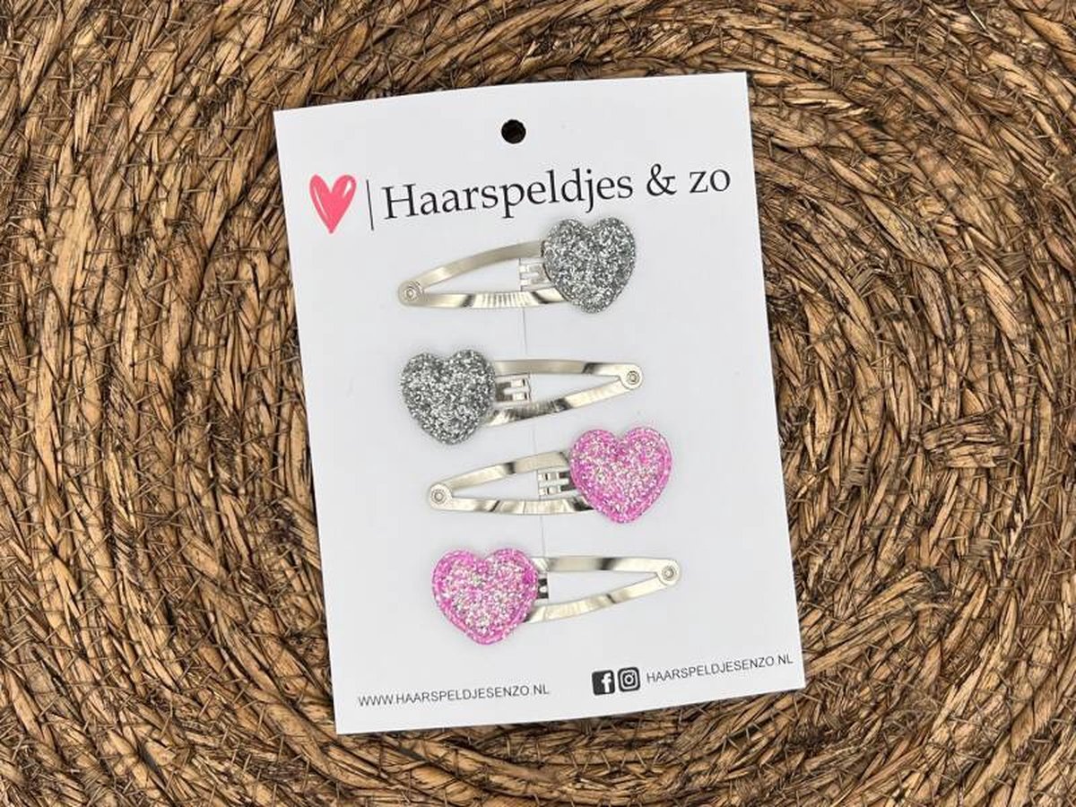 Haarspeldje ‘Hearts’ - hart - hartje - glitters - zilver - roze - kerst - feestdagen — 3 cm speldjes