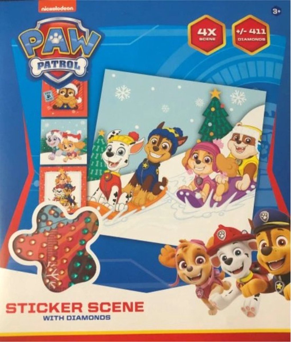 Diamant / Diamond Sticker Scene – Paw Patrol J – 4stuks & 411 Diamanten – Kerst Editie