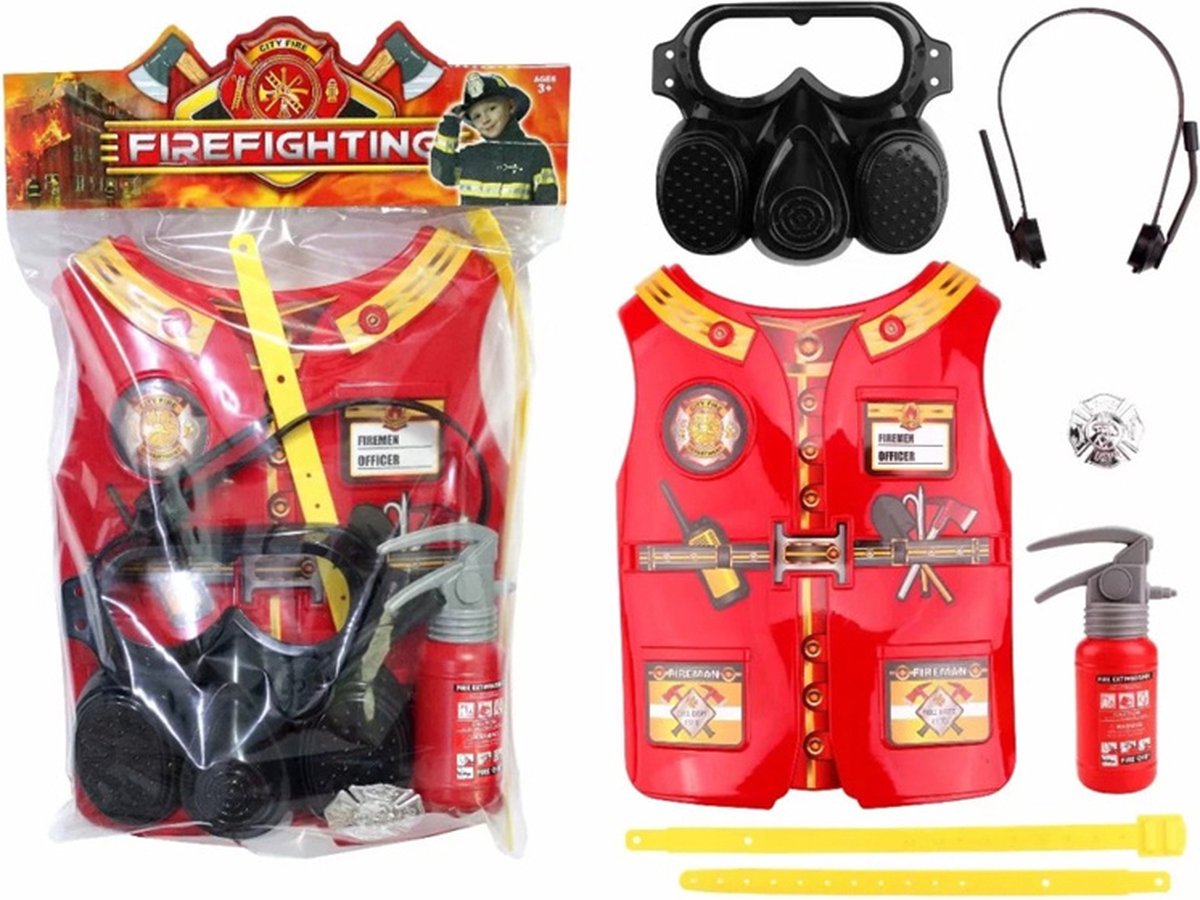Verkleedset brandweer met blusapparaat hesje gasmasker koptelefoon