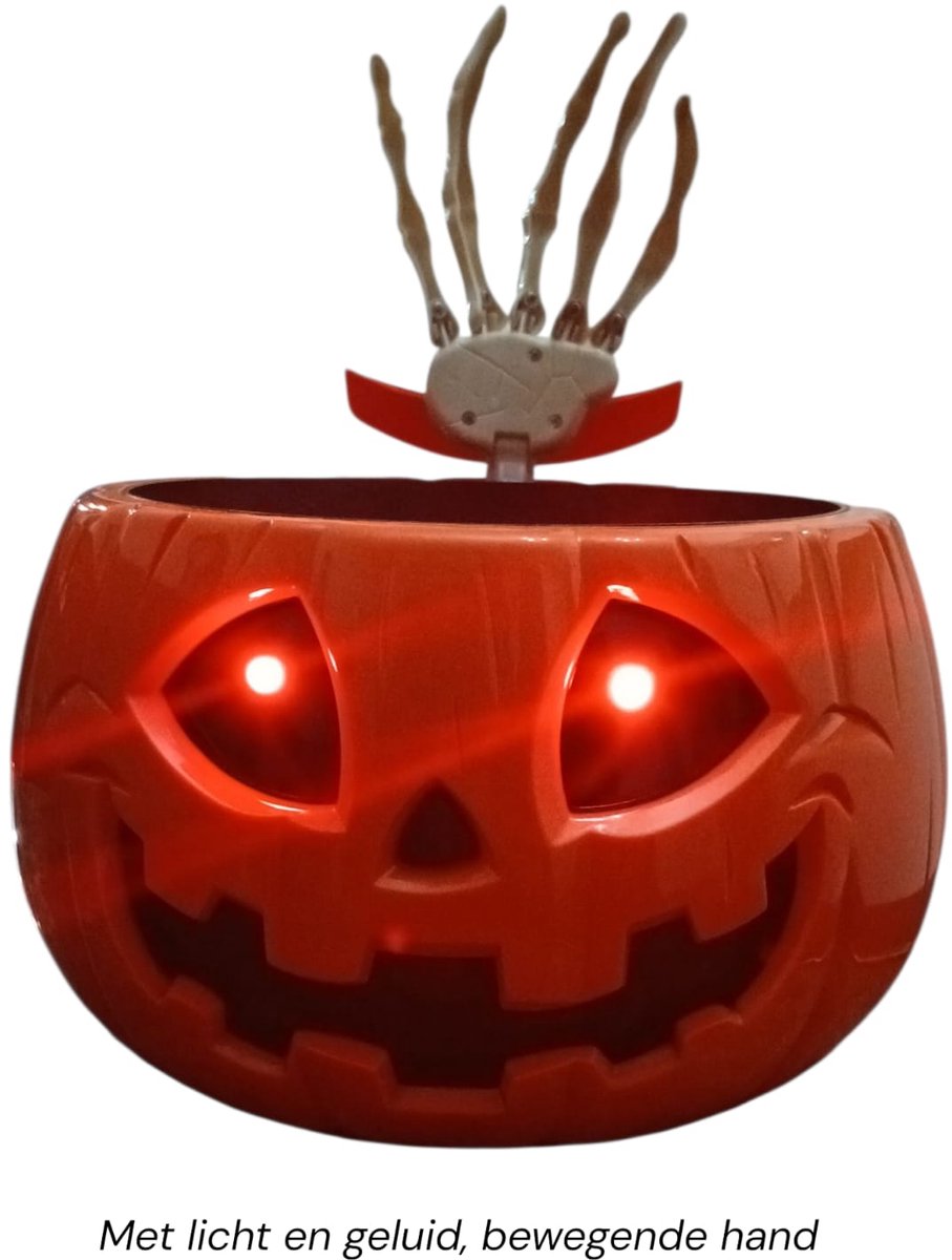 Halloween Snoepkom met Licht, Geluid en Bewegende Hand – Trick or Treat Snoepschaal 22x15 cm