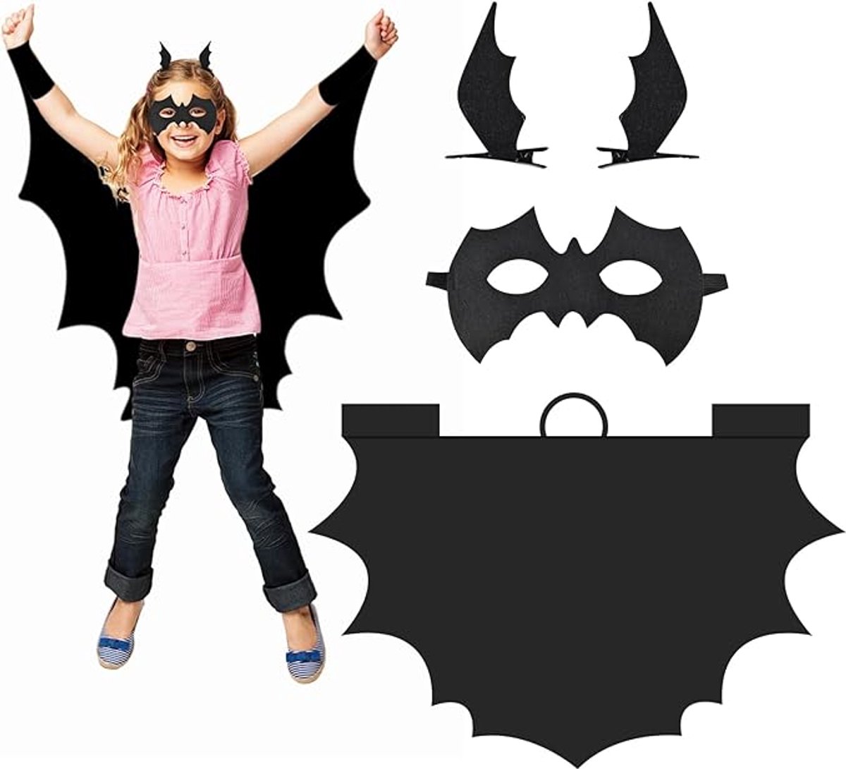 Halloween Vleermuiskostuum voor kinderen - Halloweenkostuum voor kinderen - Vleermuiscape met masker en haaraccessoire - Halloween Cosplay Vleermuiskostuum voor jongens en meisjes - Perfect voor Halloweenfeest - Maat 130