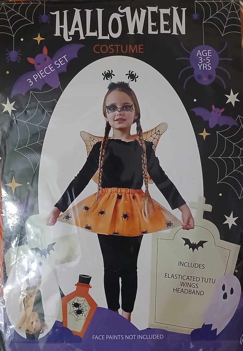 Halloween costume (oranje) 3-5 jaar (rok, vleugels, diadeem)