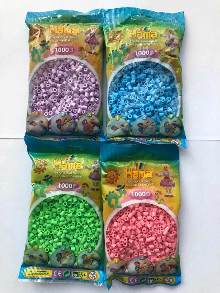 HAMA pastel kleuren set met pastel groen / blauw / roze en paars midi strijkkralen, 4 zakjes met 1.000 stuks normale strijkparels voor kinderen