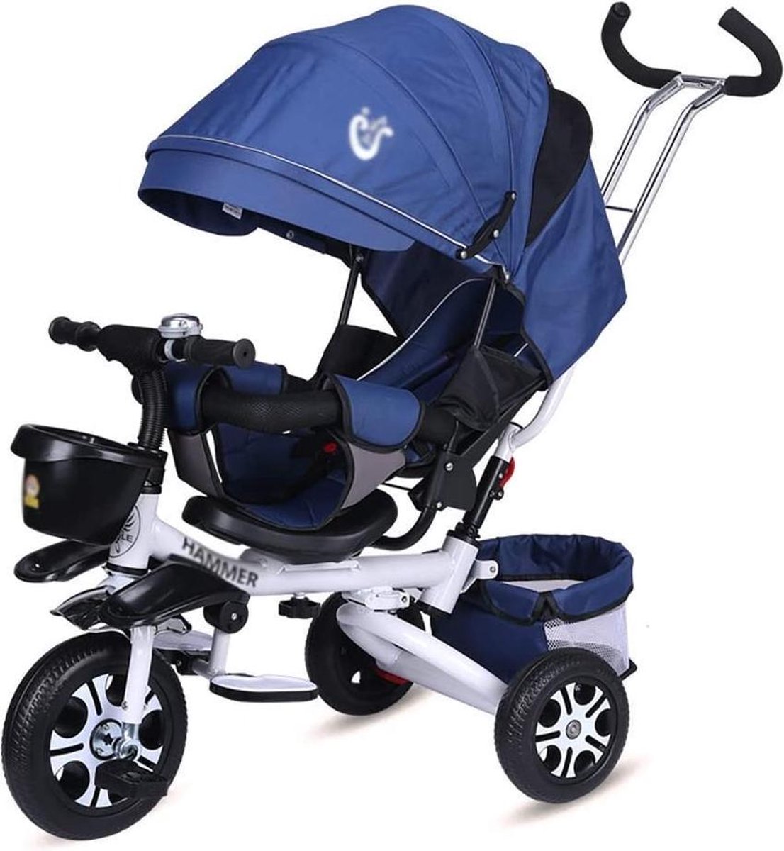 4 In 1 Kinderen Fiets Inklapbare kinderwagen -Kinderdriewieler met duwhandvat en draaibare stoel voor 1-6 jaar oude peuter, vouwen op rit, opbergbak - Kids Toy Car multifunctionele Reclining Childrens Tricycle (Blauw)