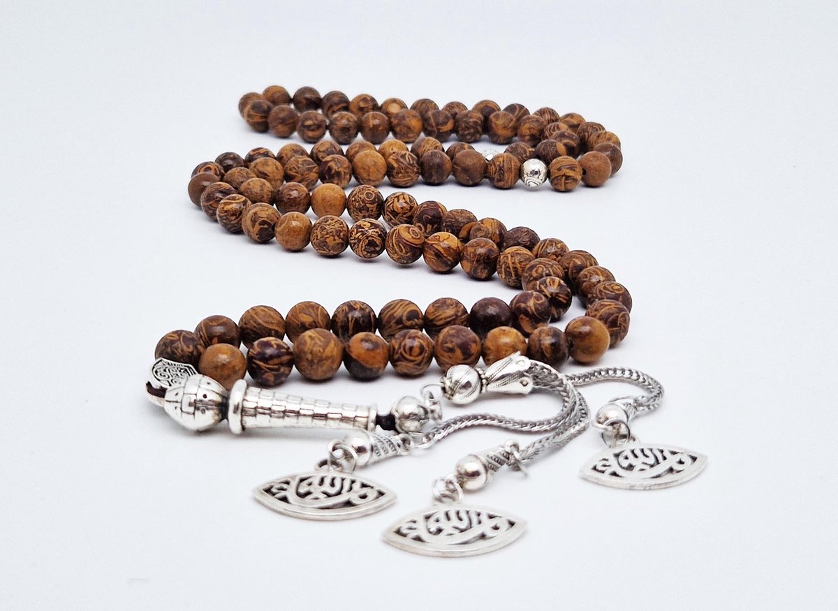 Tasbih 99 Klassieke Natuursteen Kralen - Moslim Gebed Kraal - Ronde Kralen - Tesbih - Allah -Bruin - Islamitische geschenk Tasbeeh-