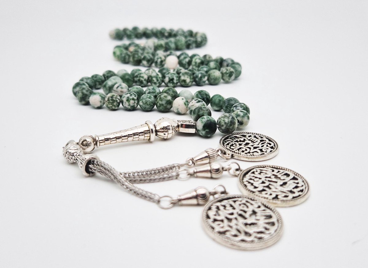 Tasbih 99 Klassieke Natuursteen Kralen - Moslim Gebed Kraal - Ronde Kralen - Tesbih - Beloof -Groen en Wit - Islamitische geschenk Tasbeeh-