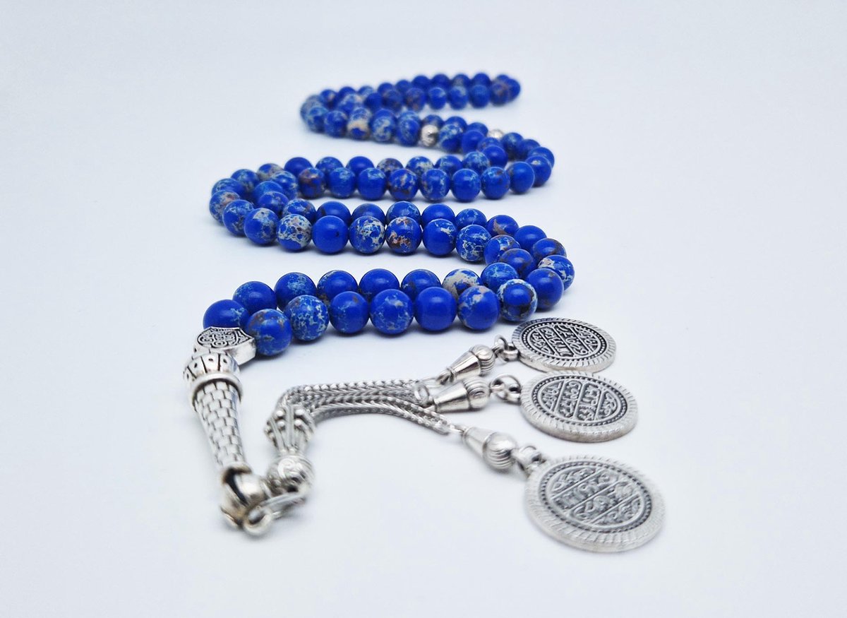 Tasbih 99 Klassieke Natuursteen Kralen - Moslim Gebed Kraal - Ronde Kralen - Tesbih - Constant -Blauw en Wit - Islamitische geschenk Tasbeeh-