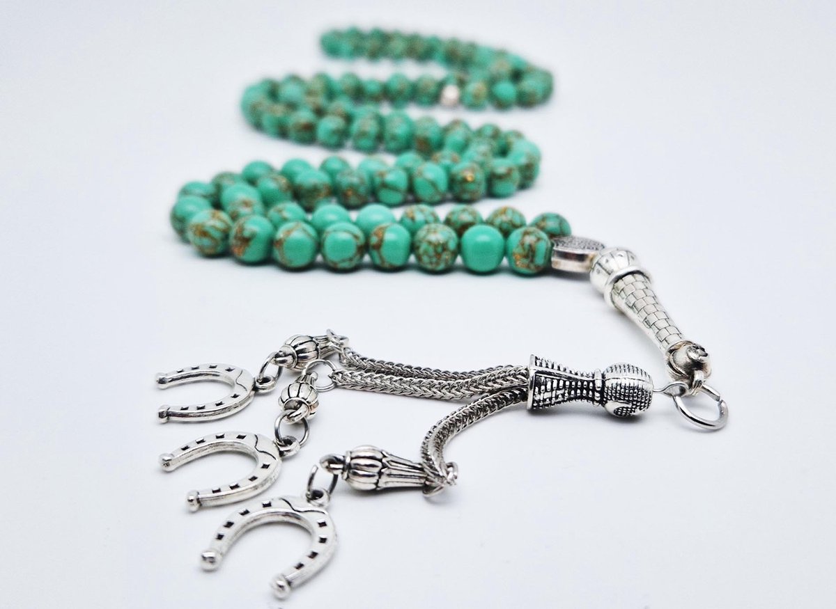 Tasbih 99 Klassieke Natuursteen Kralen - Moslim Gebed Kraal - Ronde Kralen - Tesbih - Hoefijzer -Groen en Goud - Islamitische geschenk Tasbeeh-