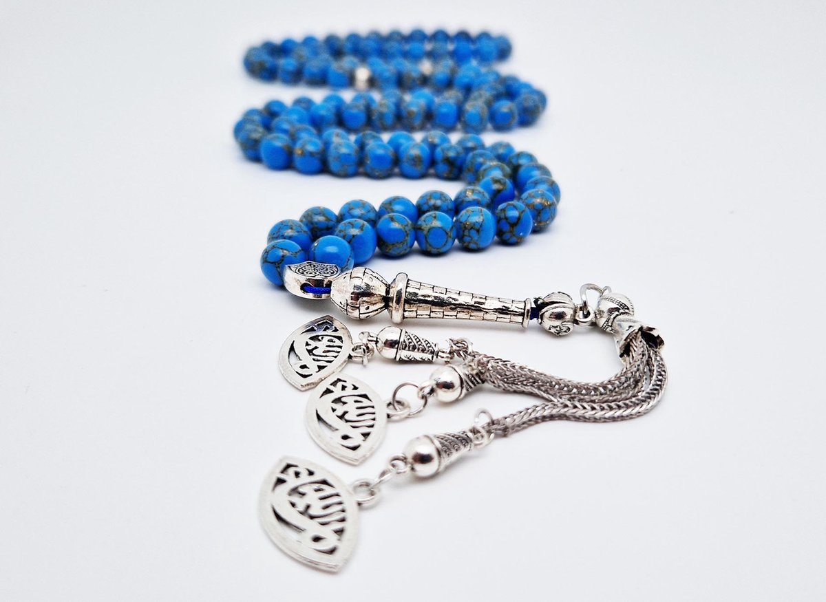 Tasbih 99 Klassieke Natuursteen Kralen - Moslim Gebed Kraal - Ronde Kralen - Tesbih - Masha Allah oog -Gouden turkoois - Islamitische geschenk Tasbeeh-