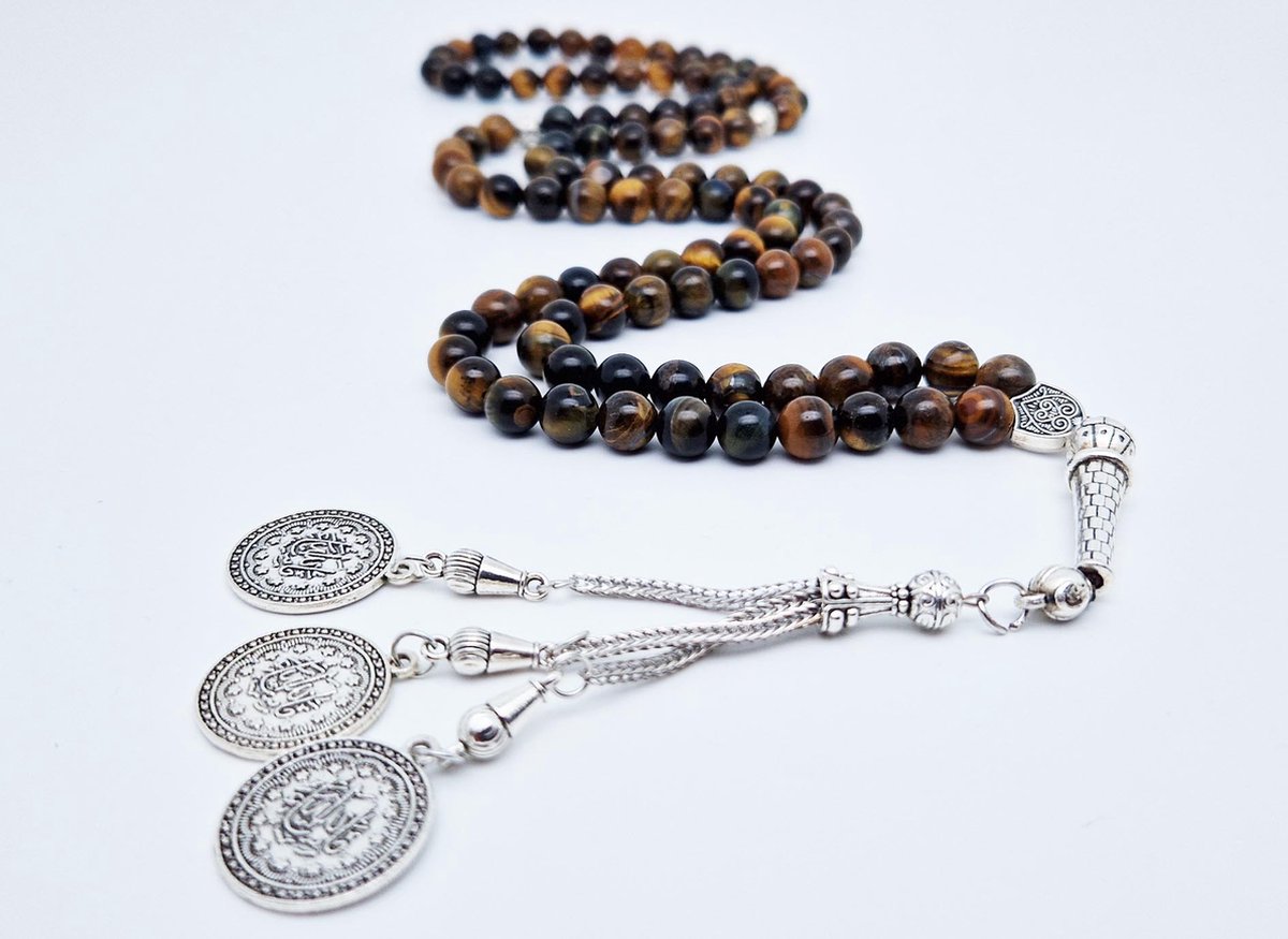 Tasbih 99 Klassieke Natuursteen Kralen - Moslim Gebed Kraal - Ronde Kralen - Tesbih - Masha’ allah -Tijgeroog- Islamitische geschenk Tasbeeh-