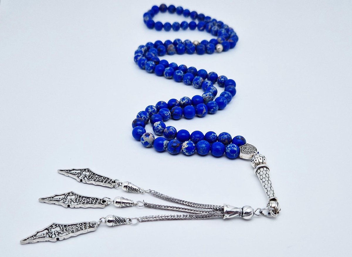 Tasbih 99 Klassieke Natuursteen Kralen - Moslim Gebed Kraal - Ronde Kralen - Tesbih - Palestina kaart -Blauw en Wit - Islamitische geschenk Tasbeeh-