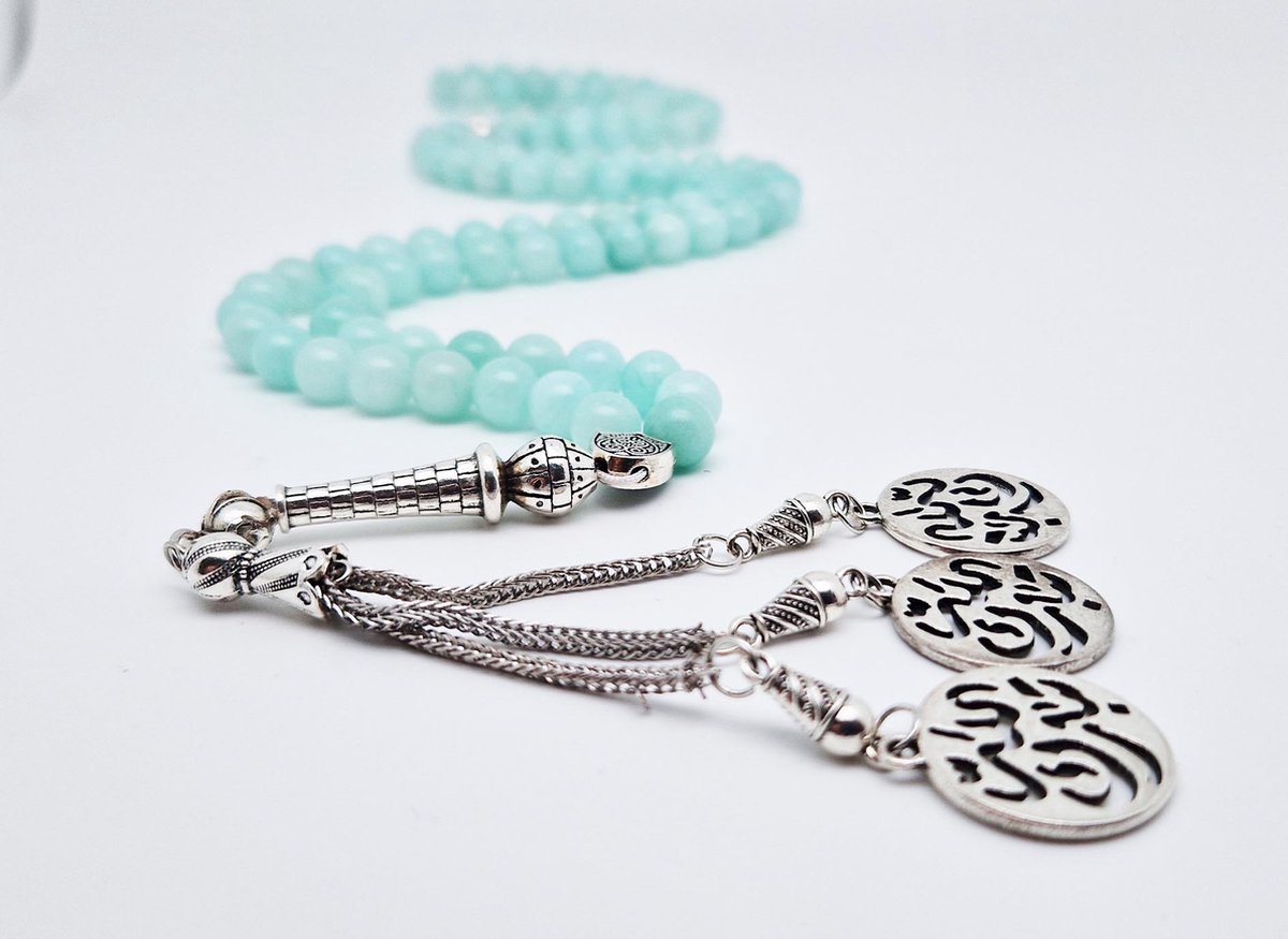 Tasbih 99 Klassieke Natuursteen Kralen - Moslim Gebed Kraal - Ronde Kralen - Tesbih - Tabarak Allah - Hemels- Islamitische geschenk Tasbeeh-