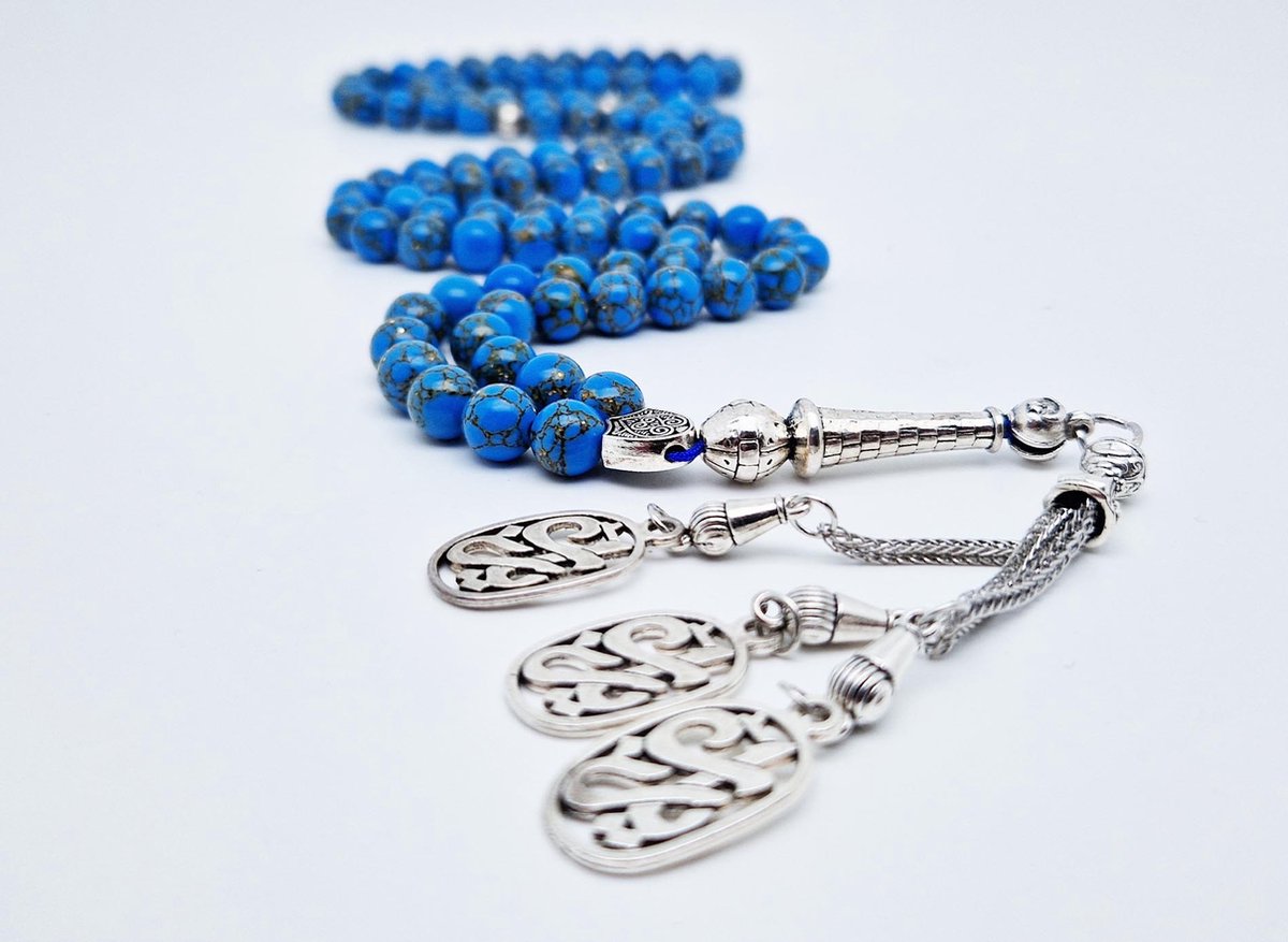 Tasbih 99 Klassieke Natuursteen Kralen - Moslim Gebed Kraal - Ronde Kralen - Tesbih - Yarab -Gouden turkoois - Islamitische geschenk Tasbeeh-