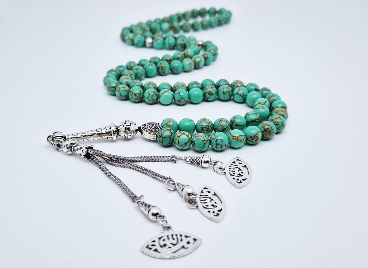 Tasbih 99 Klassieke Natuursteen Kralen - Moslim Gebed Kraal - Ronde Kralen - Tesbih -Masha Allah oog -Groen en Goud - Islamitische geschenk Tasbeeh-