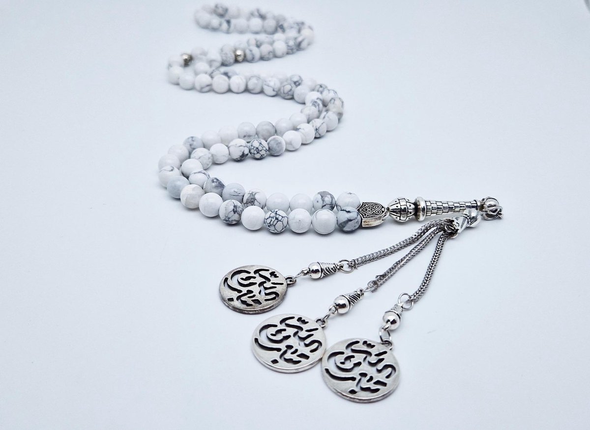 Tasbih 99 Klassieke Natuursteen Kralen - Moslim Gebed Kraal - Ronde Kralen - Tesbih -Tabarak Allah - Islamitische geschenk Tasbeeh- Wit en Zwart