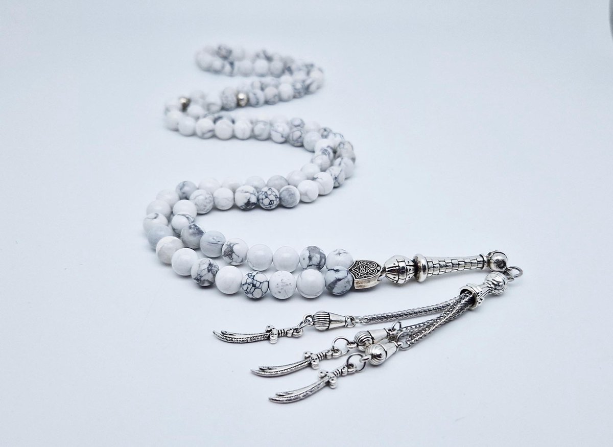 Tasbih 99 Klassieke Natuursteen Kralen - Moslim Gebed Kraal - Ronde Kralen - Tesbih -Zulfiqar-zwaard - Islamitische geschenk Tasbeeh- Wit en Zwart