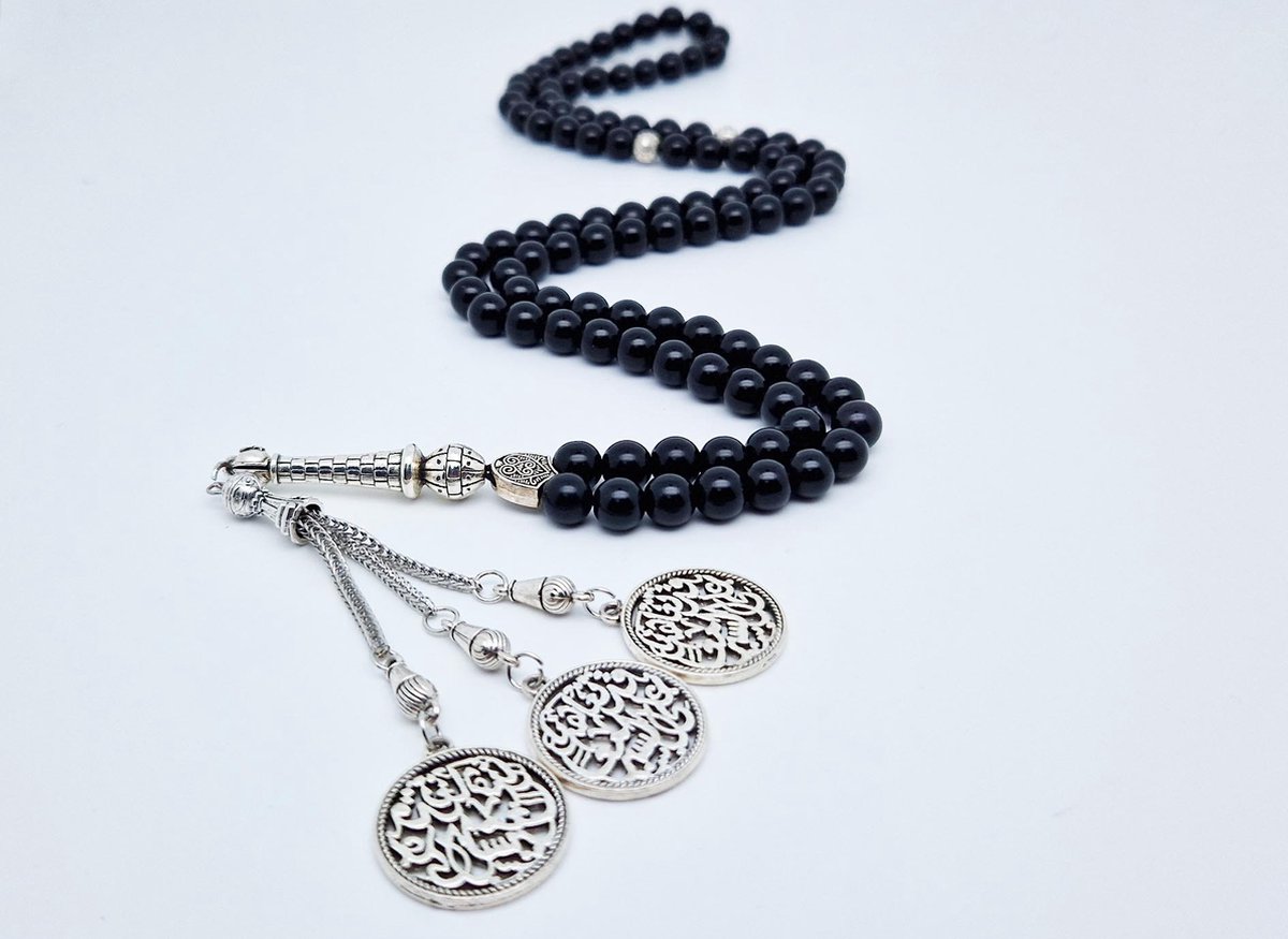 Tasbih Natuursteen 99 Klassieke natuursteen Kralen - Moslim Gebed Kraal - Glanzend zwart -Ronde Kralen - Tesbih - We beloofden samen te lopen - Islamitische geschenk Tasbeeh