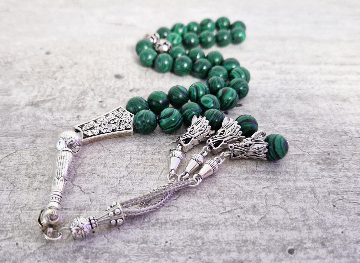 Tasbih Rozenkrans Natuursteen 33 Kralen 10 mm - Draken hoofd - Groe