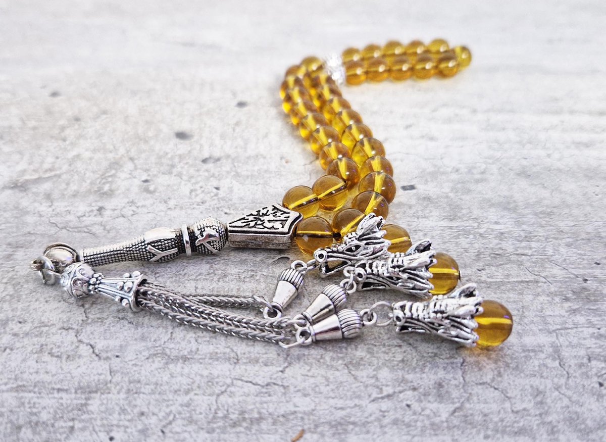 Tasbih Rozenkrans Natuursteen 33 Kralen 8 mm - Draken hoofd - Bruine transparantie