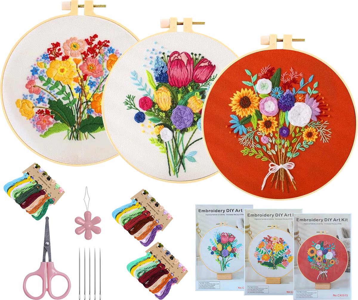 Happy Goods - Embroidery Set 3 pcs Flowers - Embroidery - Borduur Pakket - Borduur stof en Borduurnaalden – Borduurpakketten Volwassenen - Hobby en Creatief Volwassenen - hobbypakket - Sinterklaas