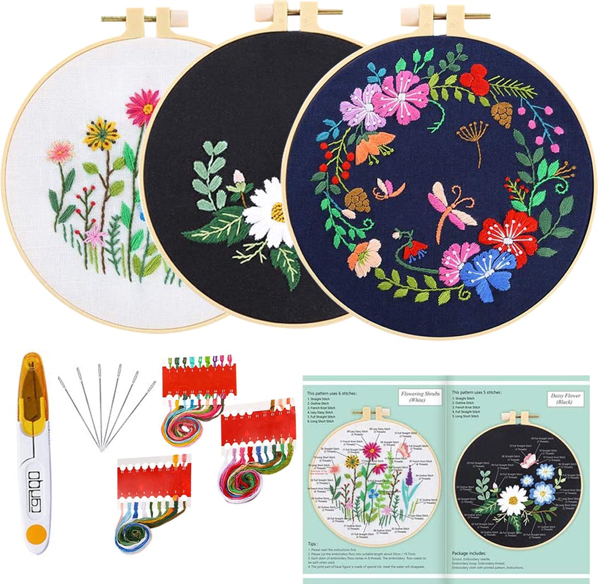 Happy Goods Borduur Pakket Bloemen en Vogels - Borduur set van 3 - Borduur stof en Borduurnaalden – Borduurpakketten Volwassenen - Hobby en Creatief Volwassenen